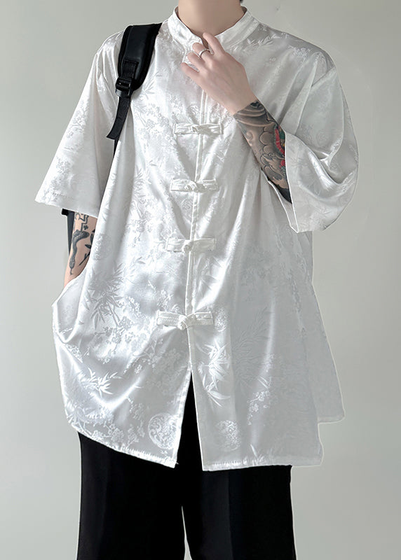 New White Stand Collar Button Silk Shirt Half Sleeve