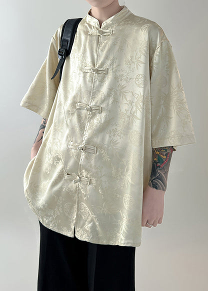 New White Stand Collar Button Silk Shirt Half Sleeve
