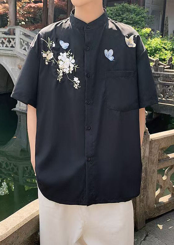 New White Stand Collar Embroideried Pockets Cotton Shirts Summer