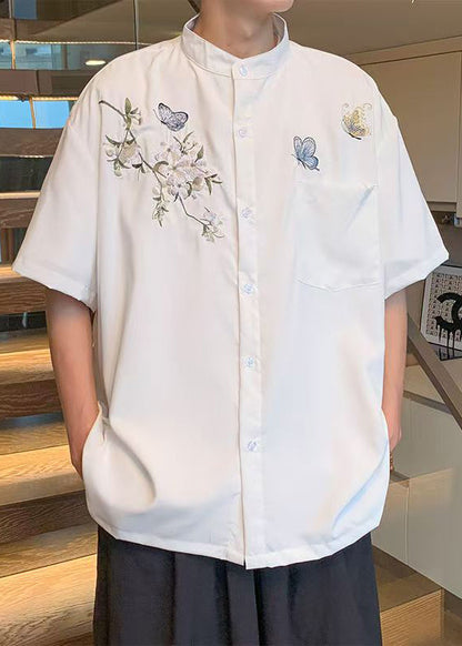 New White Stand Collar Embroideried Pockets Cotton Shirts Summer