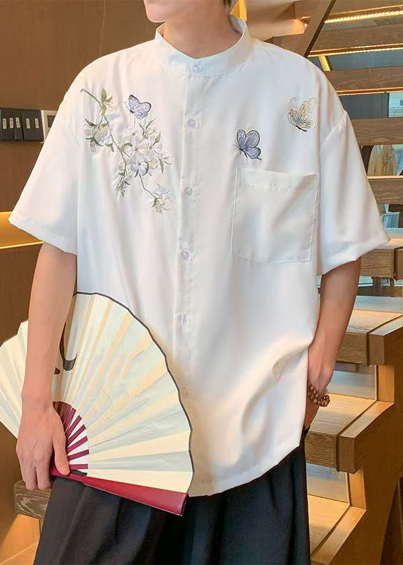 New White Stand Collar Embroideried Pockets Cotton Shirts Summer