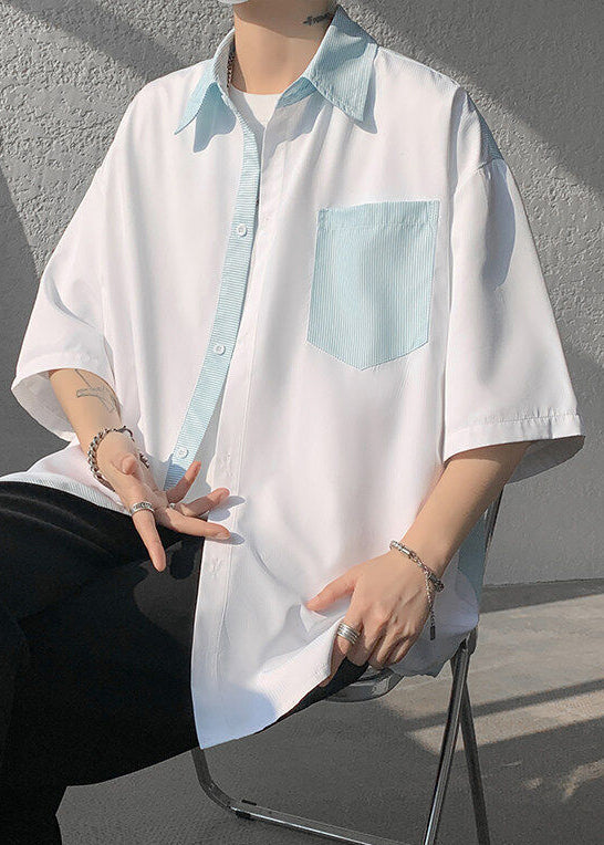New White Striped Button Pockets Patchwork Cotton Shirts Summer
