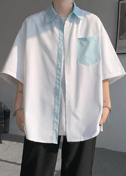 New White Striped Button Pockets Patchwork Cotton Shirts Summer