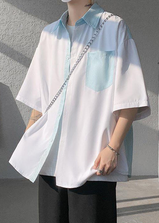 New White Striped Button Pockets Patchwork Cotton Shirts Summer
