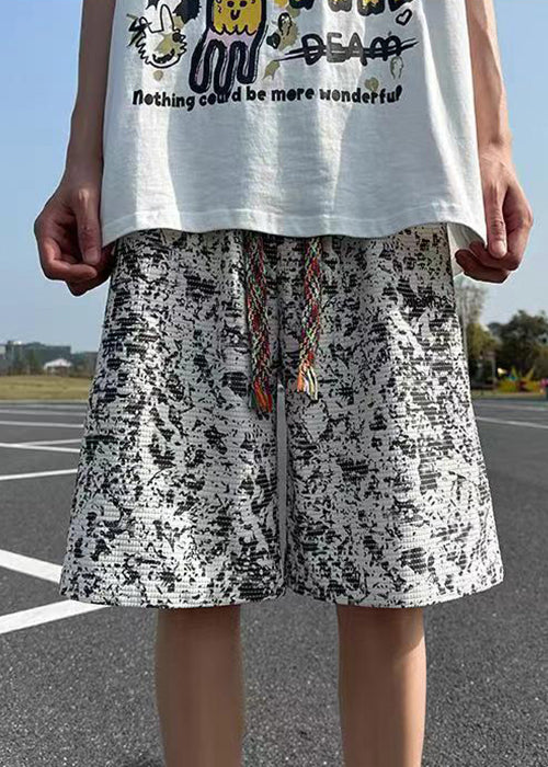 New White Tie Dye Elastic Waist Cotton Shorts Summer