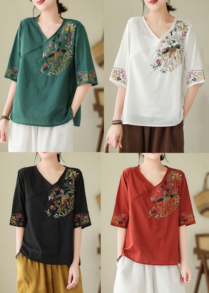 New White V Neck Embroidered Cotton Shirt Summer