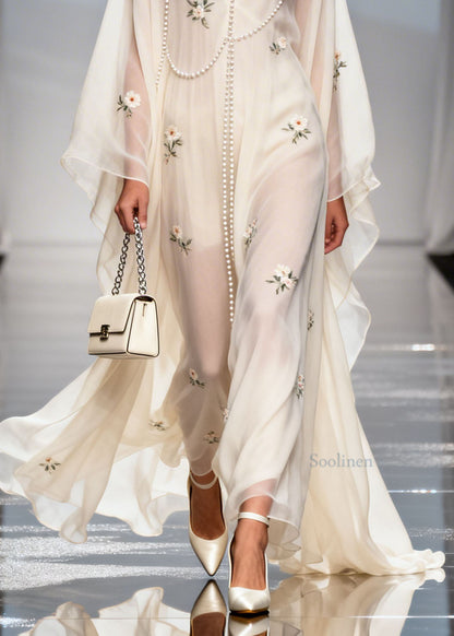 New White V Neck Nail Bead Chiffon Dresses Spring