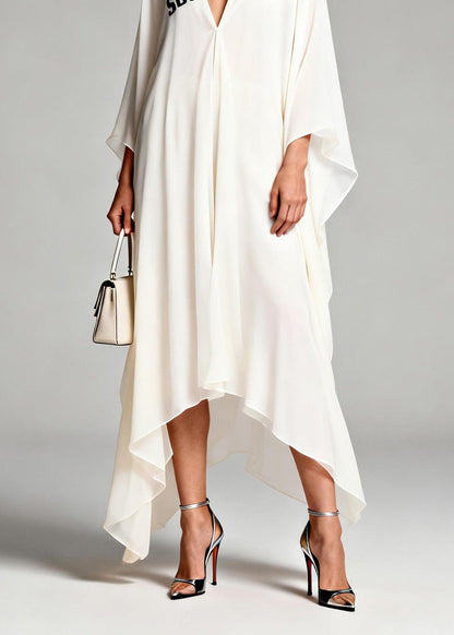 New White V Neck Print Asymmetrical Design Chiffon Dresses Summer
