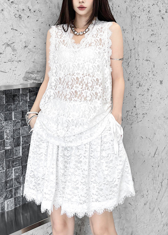 New White V Neck Top and Shorts Lace Two Pieces Set Summer