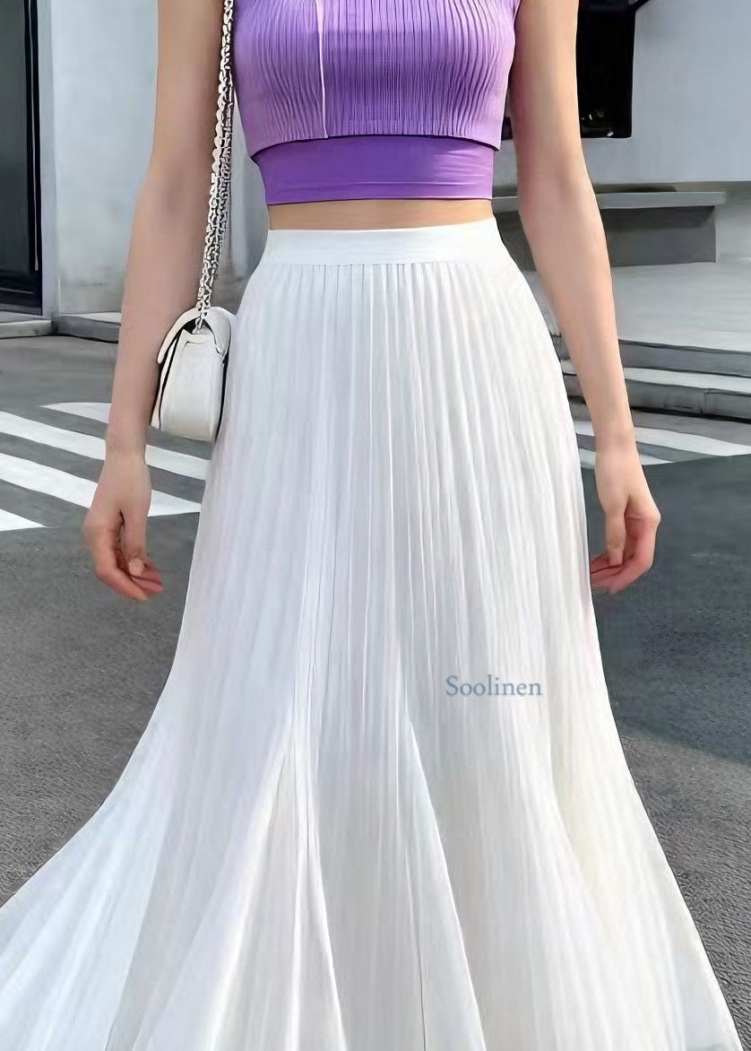 New White Wrinkled Elastic Waist Tulle Skirts Summer