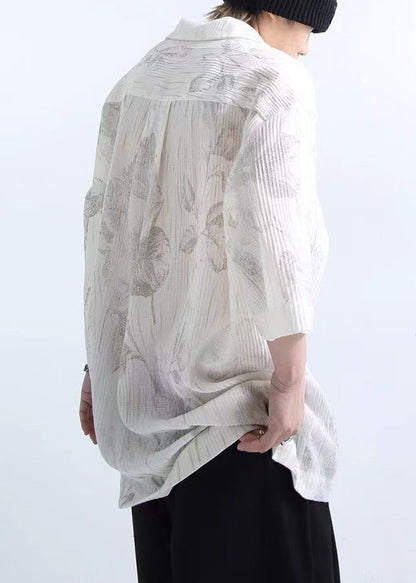 New White Wrinkled Print Cotton Shirts Half Sleeve
