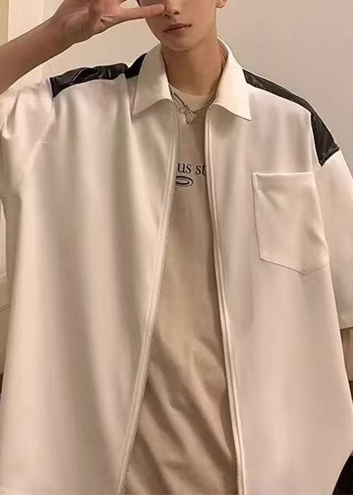 New White Zippered Pockets Patchwork Cotton Shirts Half Sleeve