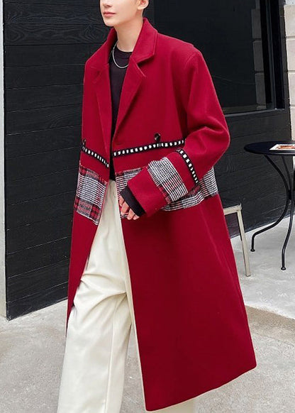 New Wine Red Notched Patchwork Woolen Coat Winter