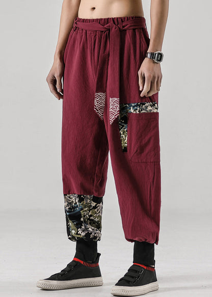 New Wine Red Pockets Elastic Waist Cotton Summer Harem Pants