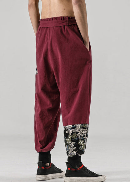 New Wine Red Pockets Elastic Waist Cotton Summer Harem Pants