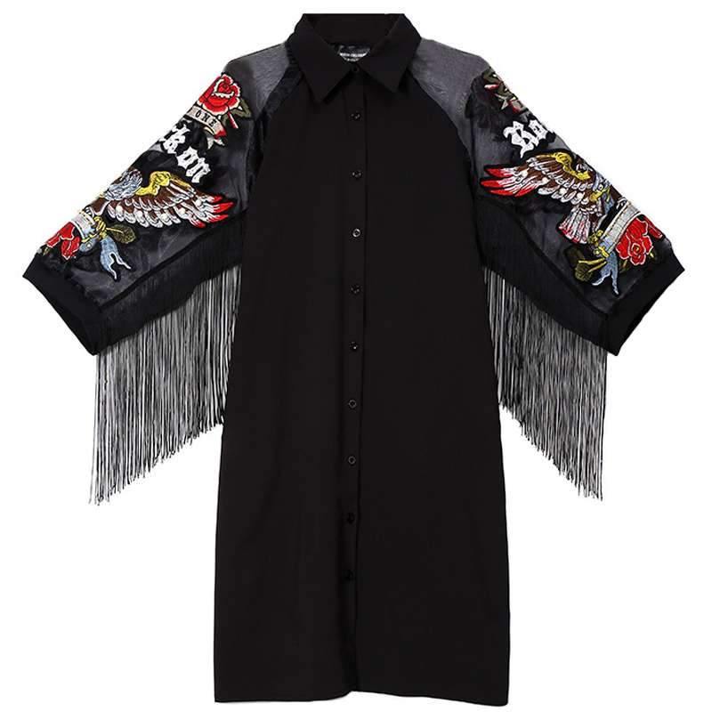 New Woman Black Shirt Embroidery Fringe Dress