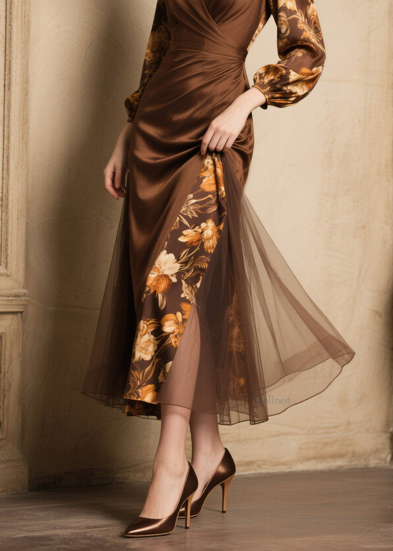 New V Neck Print Tulle Patchwork Silk Dress Spring