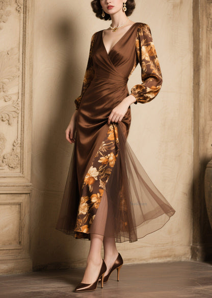 New V Neck Print Tulle Patchwork Silk Dress Spring