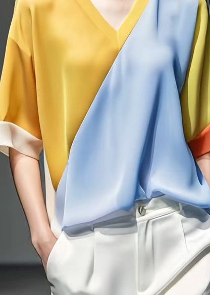 New Yellow V Neck Patchwork Silk Tops Half Sleeve