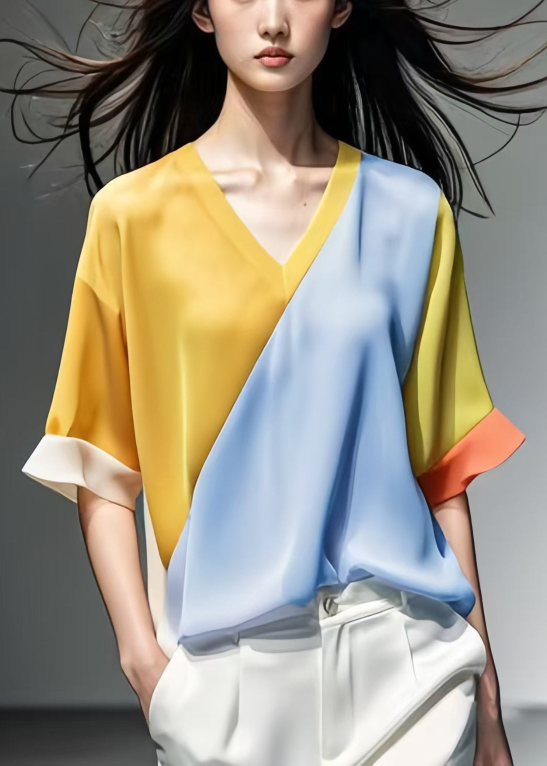 New Yellow V Neck Patchwork Silk Tops Half Sleeve