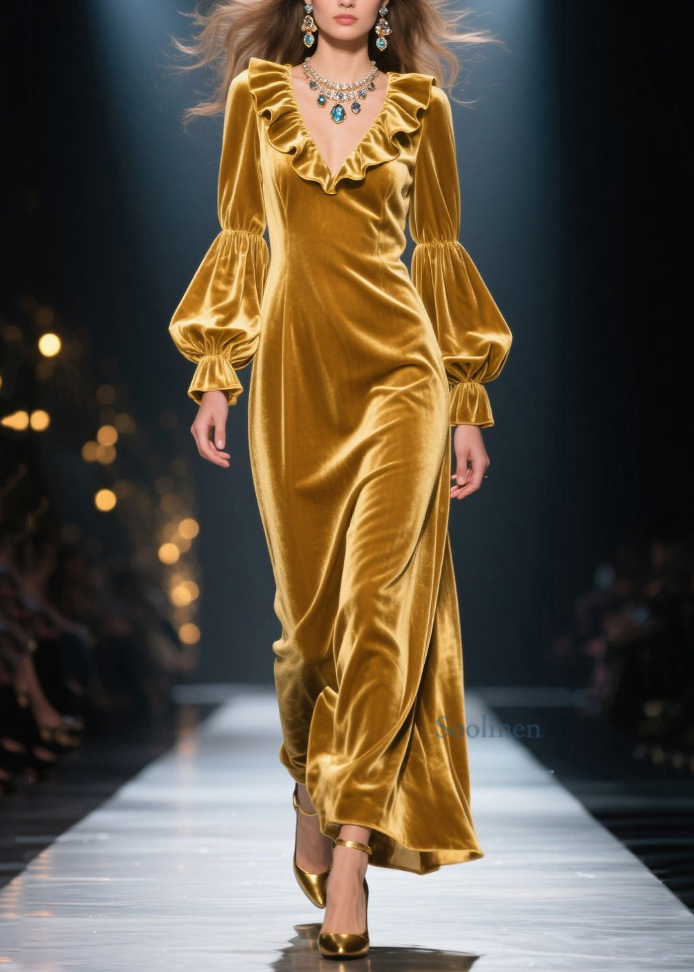 New Yellow Ruffled Patchwork Velvet Maxi Dresses Spring