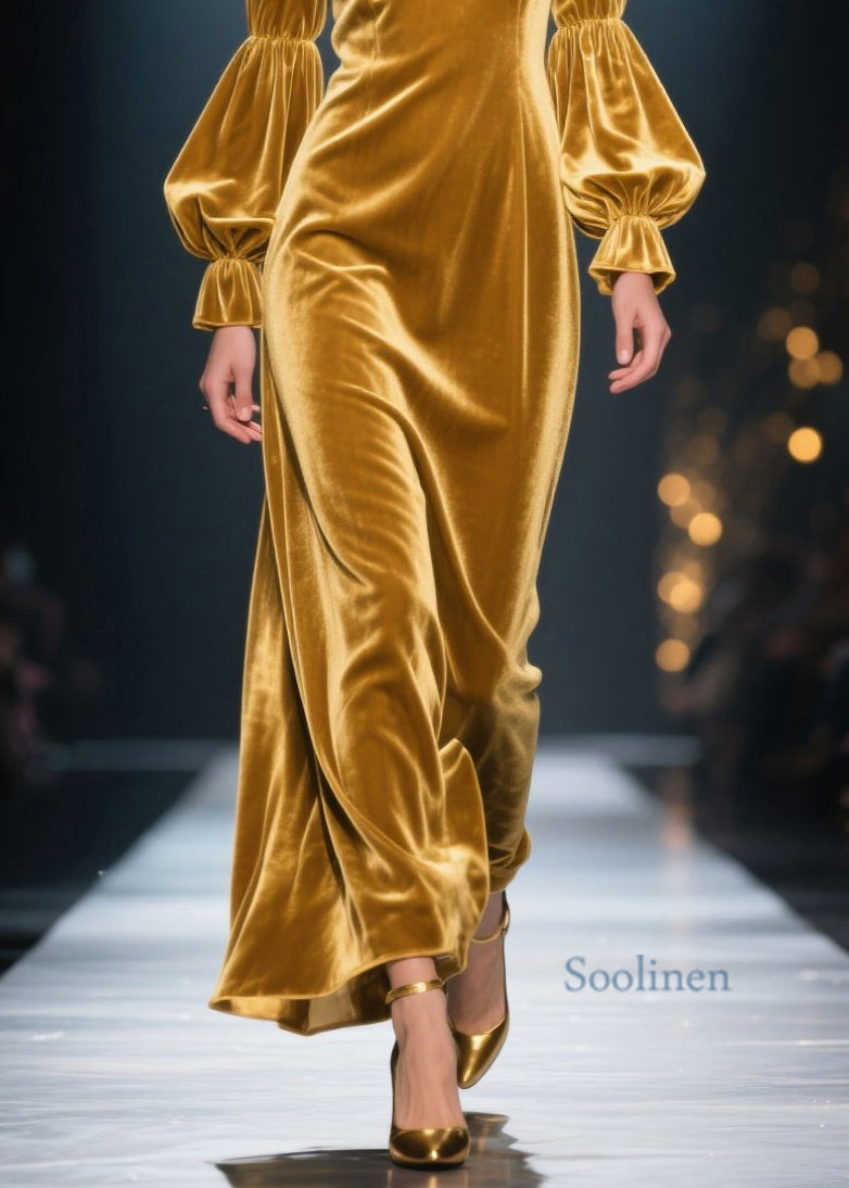 New Yellow Ruffled Patchwork Velvet Maxi Dresses Spring