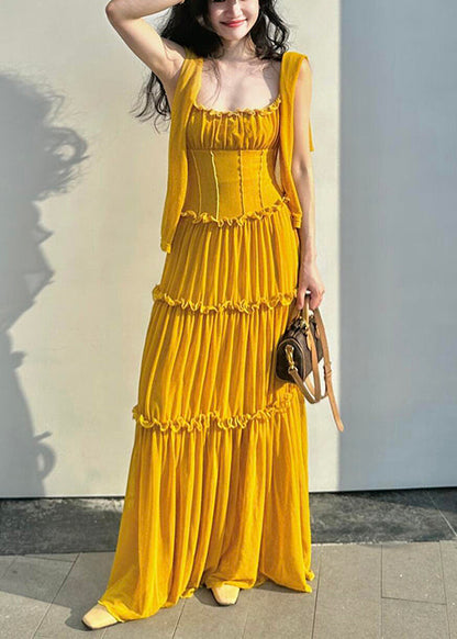 New Yellow Ruffled Cotton Spaghetti Strap Dress Sleeveless