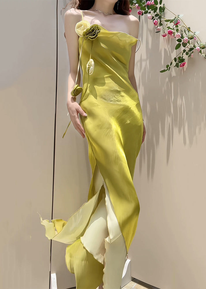 New Yellow Side Open Silk Spaghetti Strap Dress Sleeveless