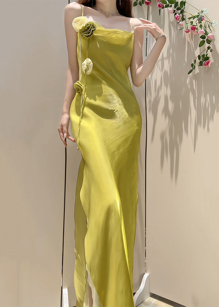 New Yellow Side Open Silk Spaghetti Strap Dress Sleeveless