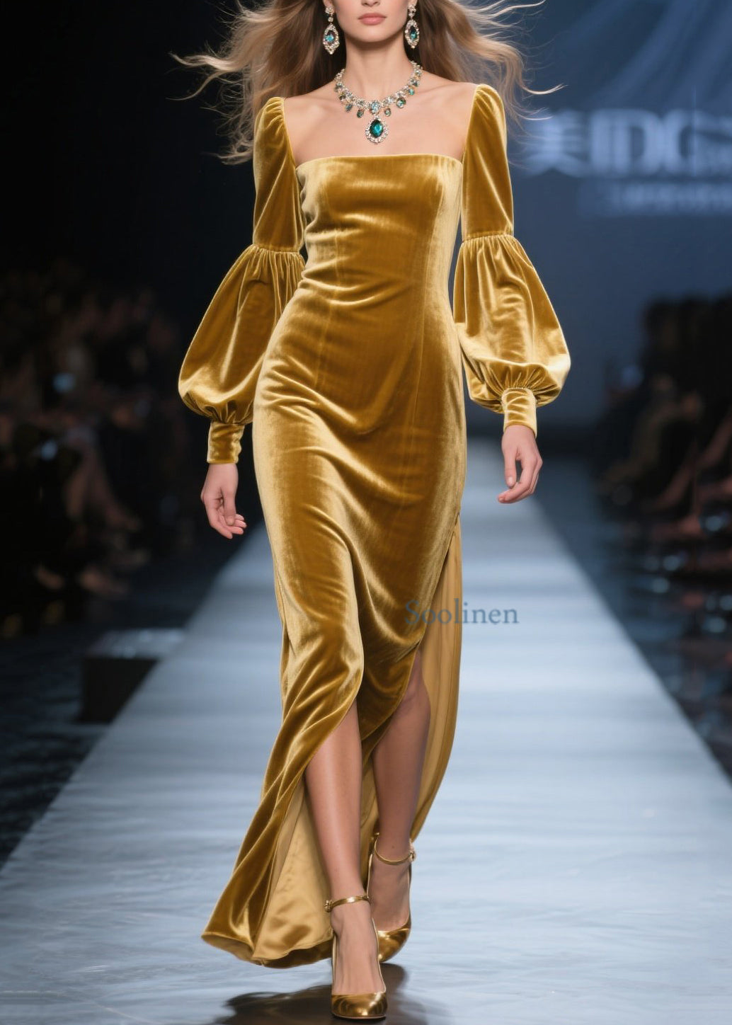 New Yellow Square Collar Side Open Velvet Maxi Dresses Spring