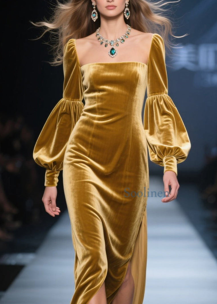 New Yellow Square Collar Side Open Velvet Maxi Dresses Spring