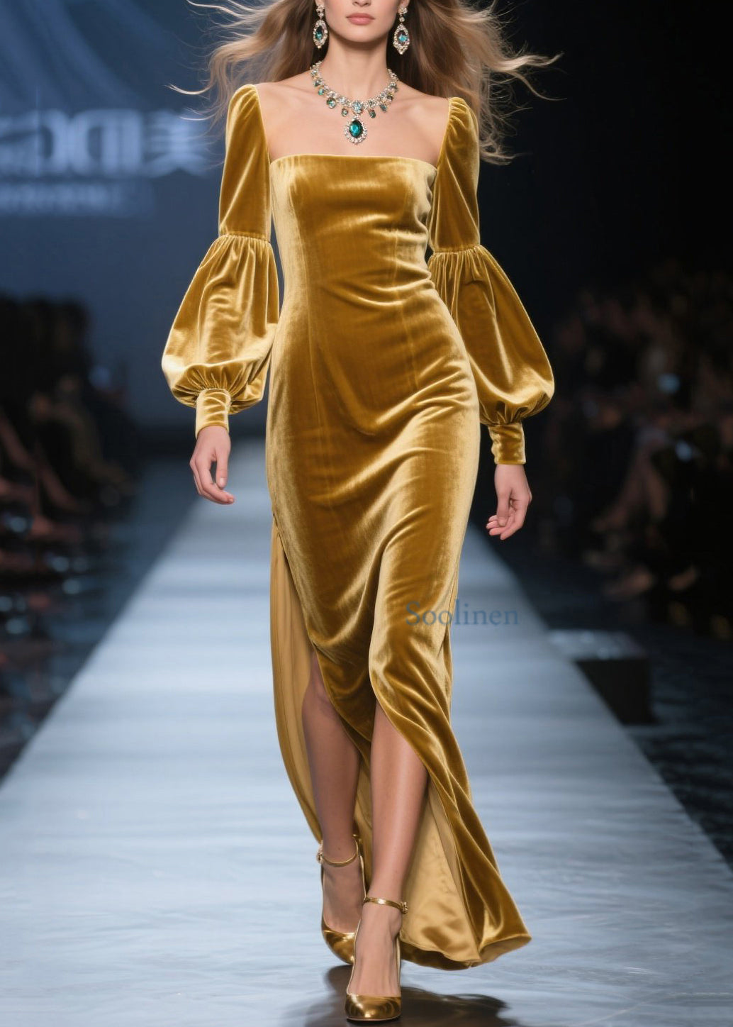 New Yellow Square Collar Side Open Velvet Maxi Dresses Spring
