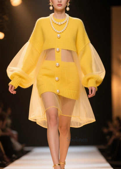 New Yellow Tulle Patchwork Knit Sweater Dress Lantern Sleeve