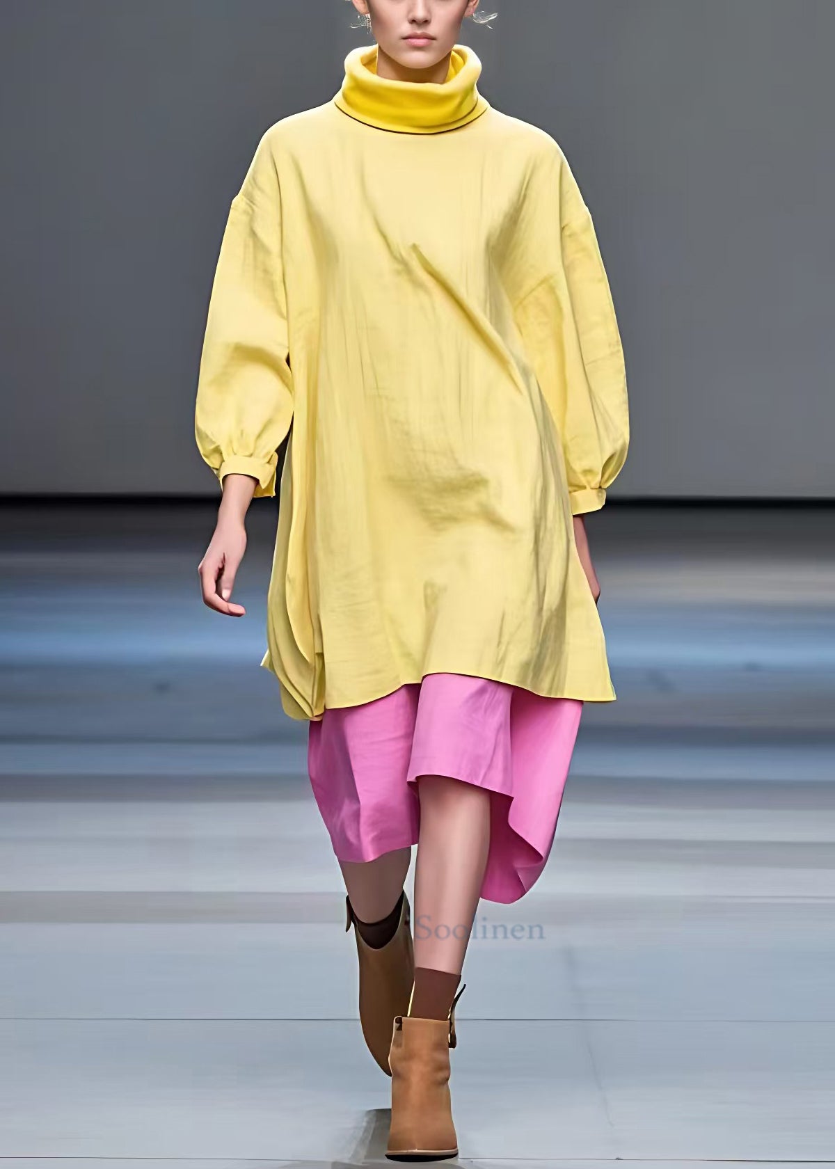 New Yellow Turtleneck Patchwork Cotton Dress Fall