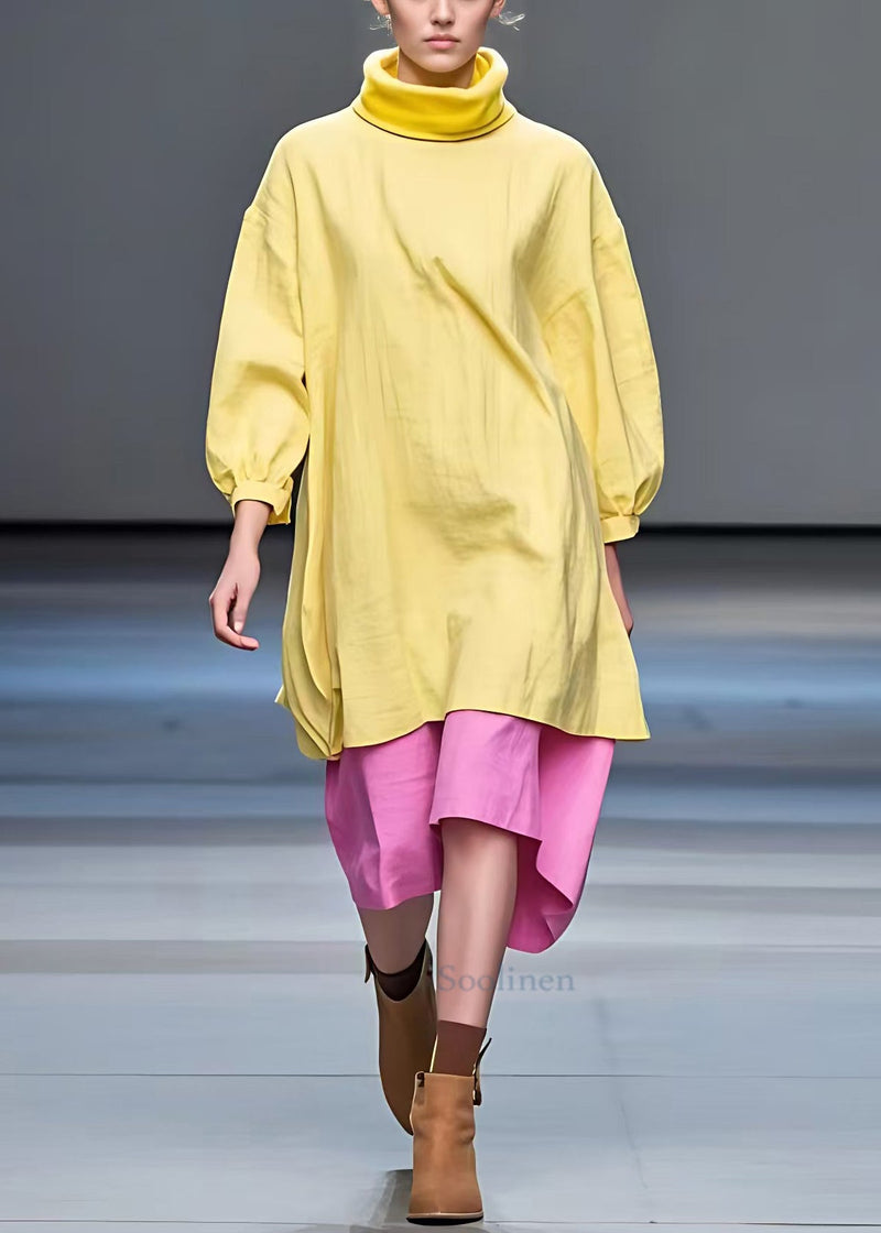 New Yellow Turtleneck Patchwork Cotton Dress Fall