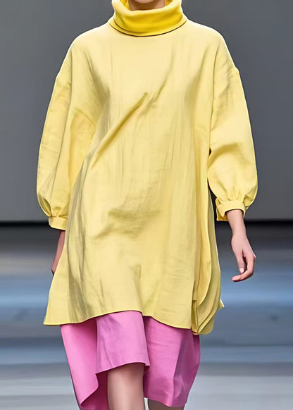 New Yellow Turtleneck Patchwork Cotton Dress Fall