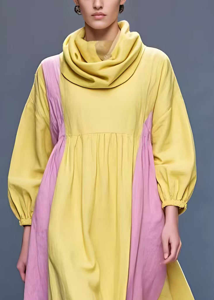 New Yellow Turtleneck Patchwork Cotton Long Dress Fall