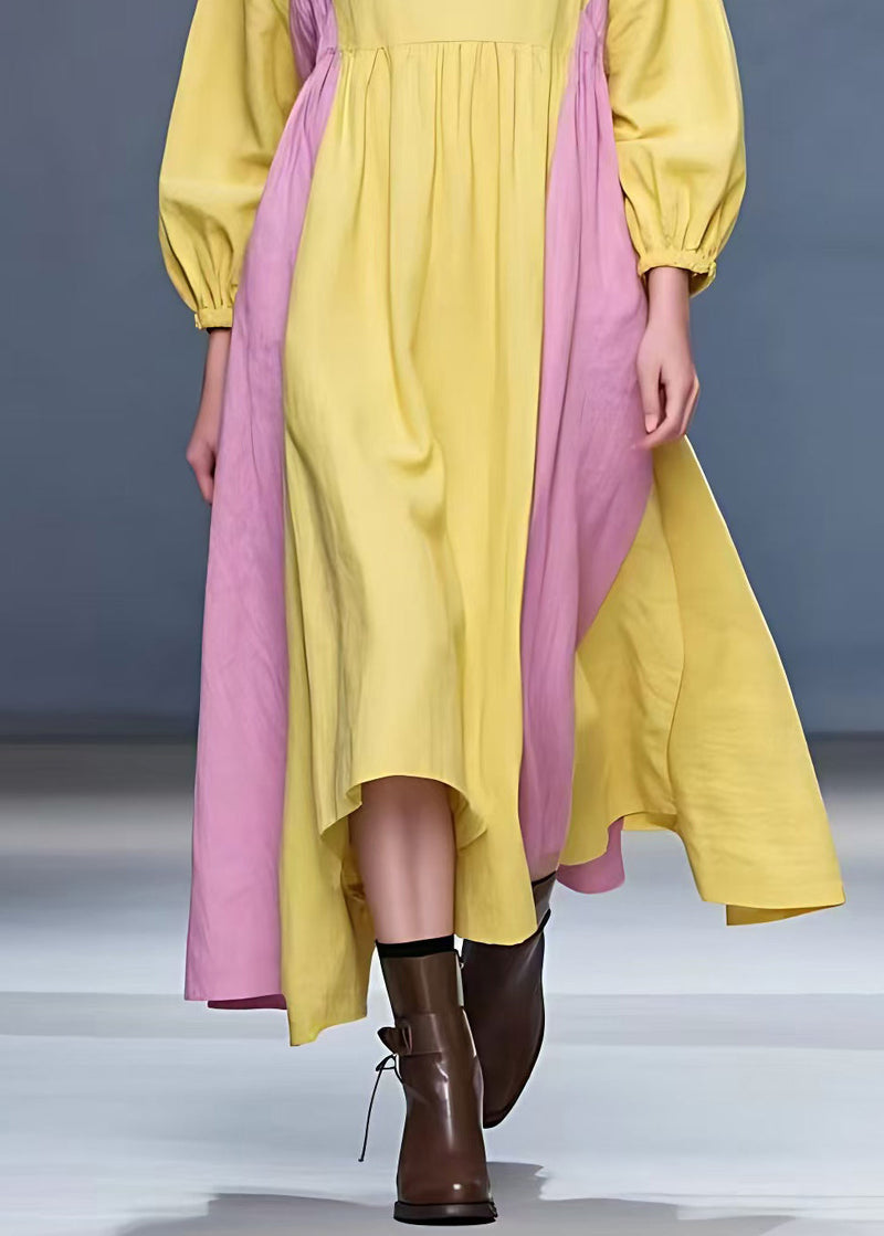 New Yellow Turtleneck Patchwork Cotton Long Dress Fall