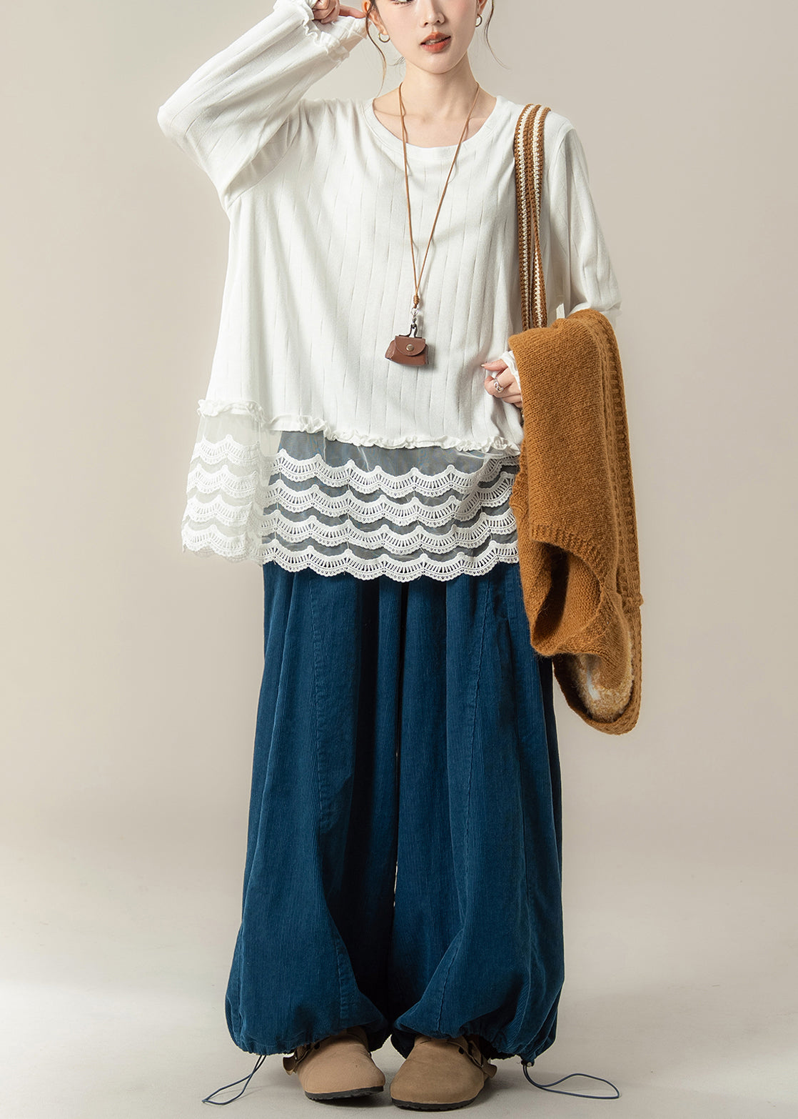 New Yellow V Neck Knit Vest Cotton T Shirt and Corduroy Pants 3 Piece Set Spring