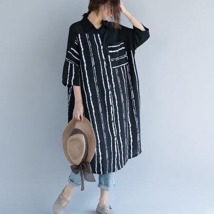 New Black Midi-length Cotton Dress Traveling Dress Bracelet Sleeved Patchwork Turn-down Collar Striped Cotton Dresses