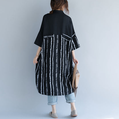 New Black Midi-length Cotton Dress Traveling Dress Bracelet Sleeved Patchwork Turn-down Collar Striped Cotton Dresses