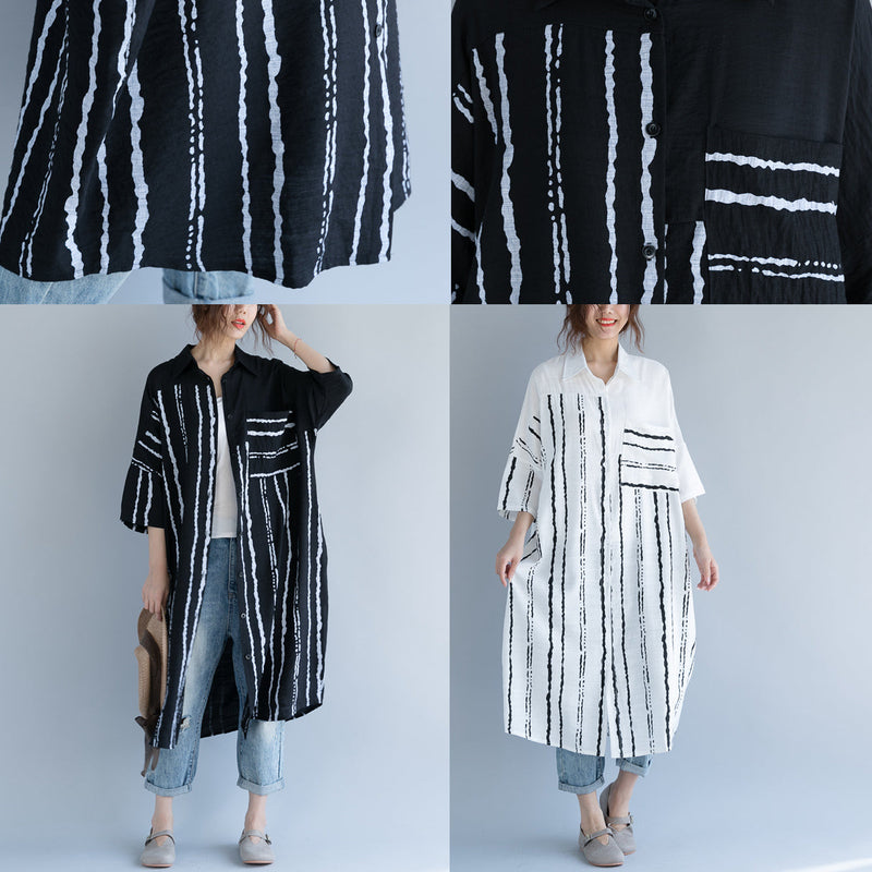 New Black Midi-length Cotton Dress Traveling Dress Bracelet Sleeved Patchwork Turn-down Collar Striped Cotton Dresses