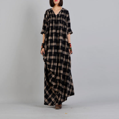 New Black Plaid Loose Fitting V Neck Cotton Linen Gown Asymmetrical Design Kaftans