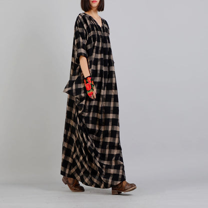 New Black Plaid Loose Fitting V Neck Cotton Linen Gown Asymmetrical Design Kaftans