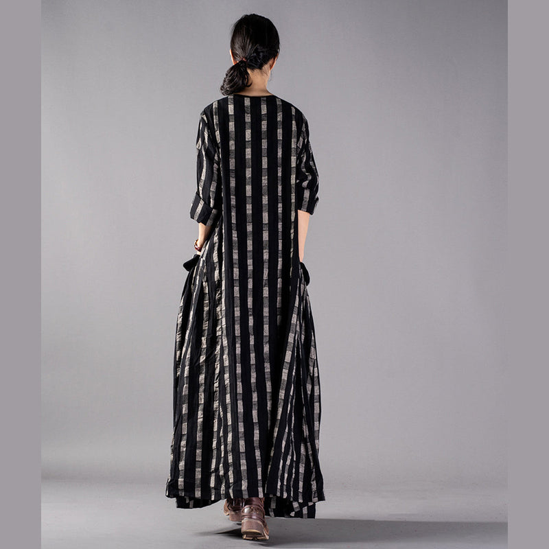 New Black Plaid Clothing O Neck Baggy Fall Dresses Pockets Maxi Dresses