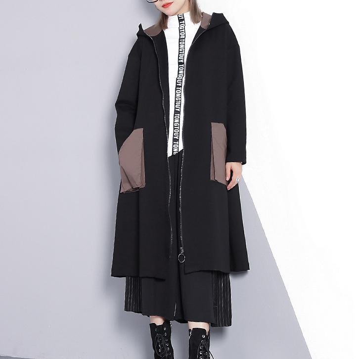 New Black Winter Coat Oversize Hooded Zippered Outwear Fine Pockets Trench Coat