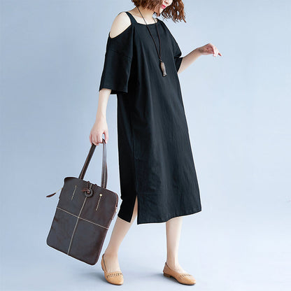 New Black Cotton Dress Traveling Dress Boutique Short Sleeve Baggy Dresses O Neck Cotton Clothing