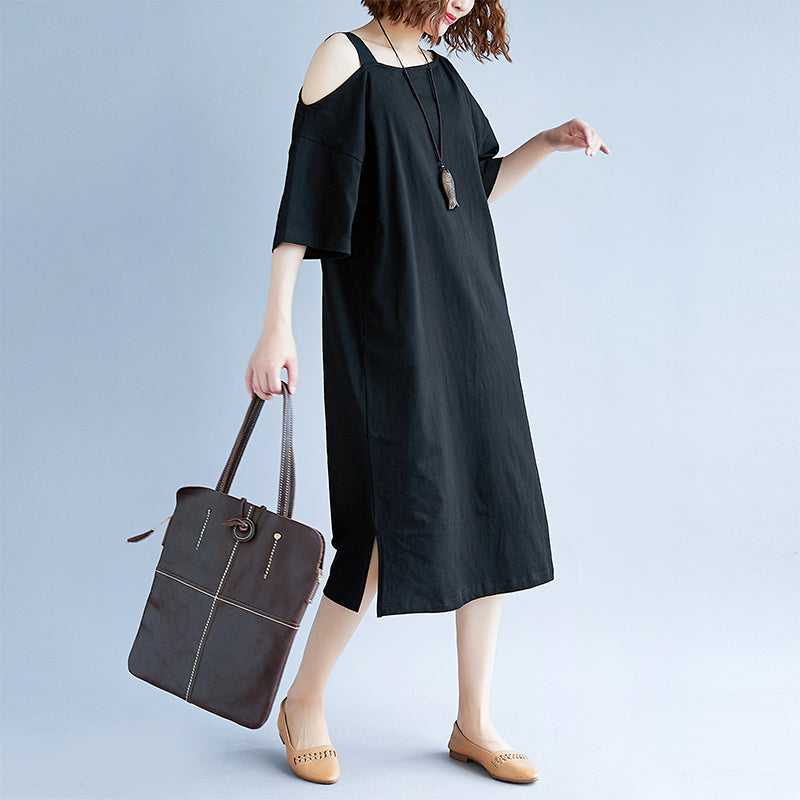 New Black Cotton Dress Traveling Dress Boutique Short Sleeve Baggy Dresses O Neck Cotton Clothing