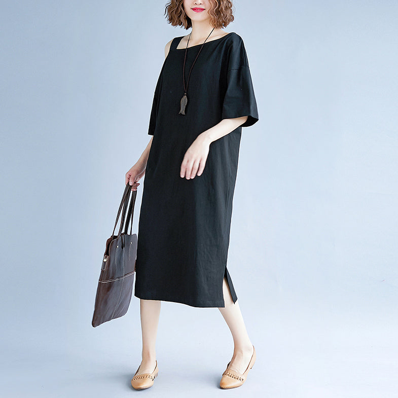 New Black Cotton Dress Traveling Dress Boutique Short Sleeve Baggy Dresses O Neck Cotton Clothing