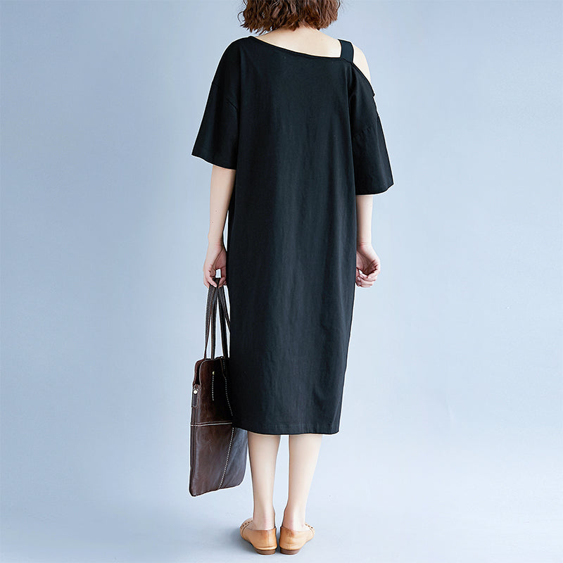 New Black Cotton Dress Traveling Dress Boutique Short Sleeve Baggy Dresses O Neck Cotton Clothing